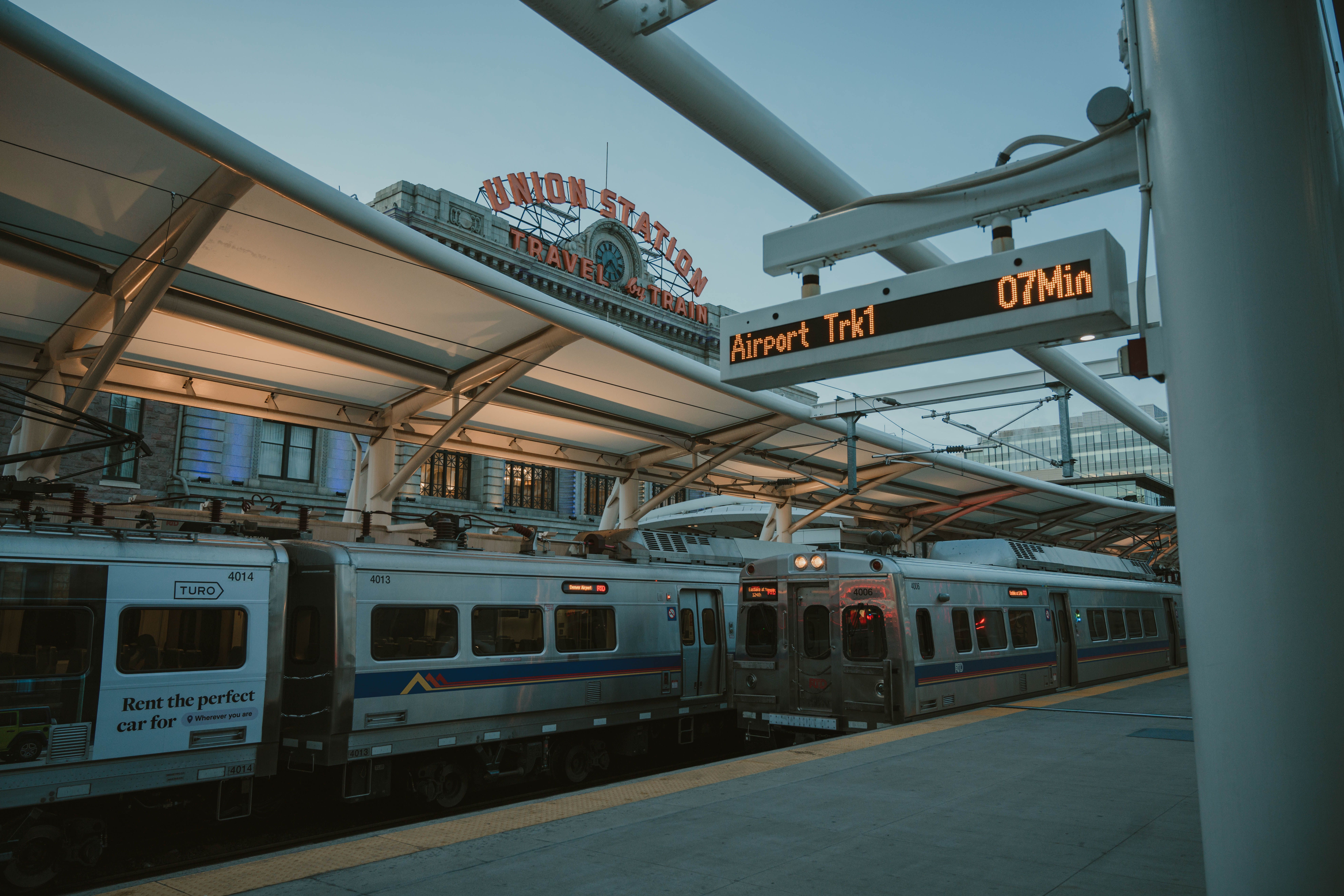 Denver Union Station platform at dusk